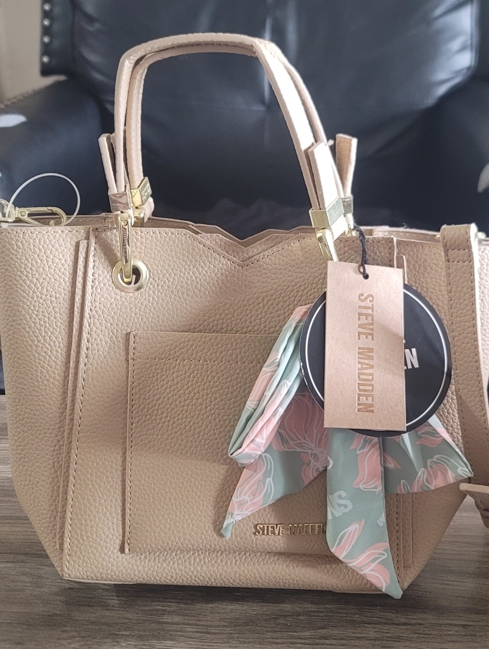Steve Madden Tan Pebbled Tote with Pastel Scarf Accent